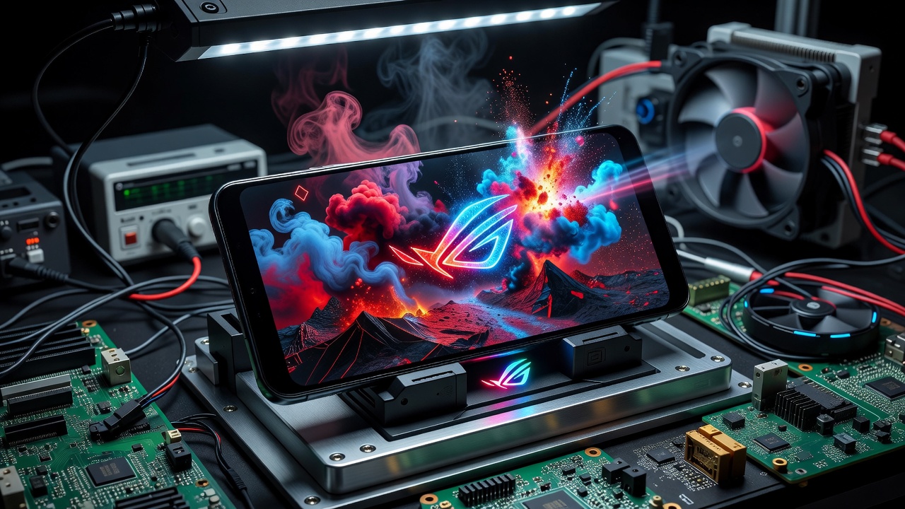 ASUS ROG Phone 9 Pro competitive gaming smartphone in high-stress graphics test bench