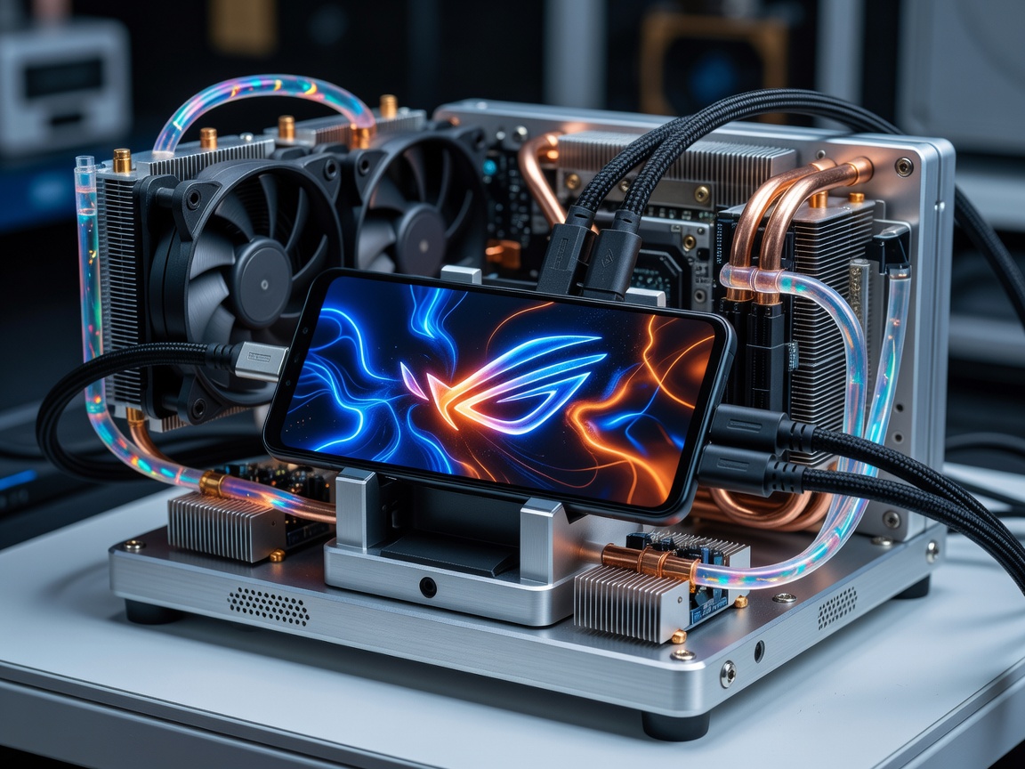ASUS ROG Phone 9 Pro high-refresh rate esports smartphone connected to thermal dissipation benchmark station