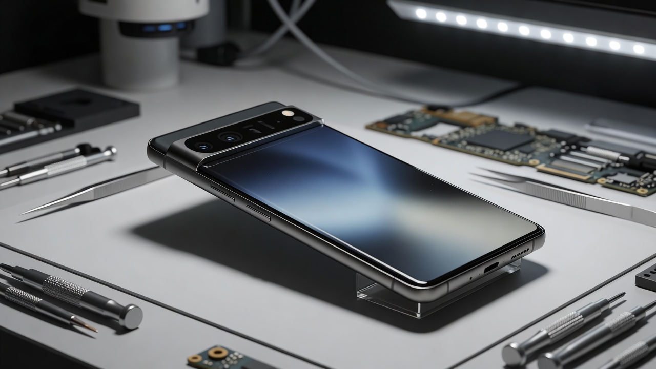 Google Pixel 10 device showcasing camera visor chassis architecture and edge display on lab workspace