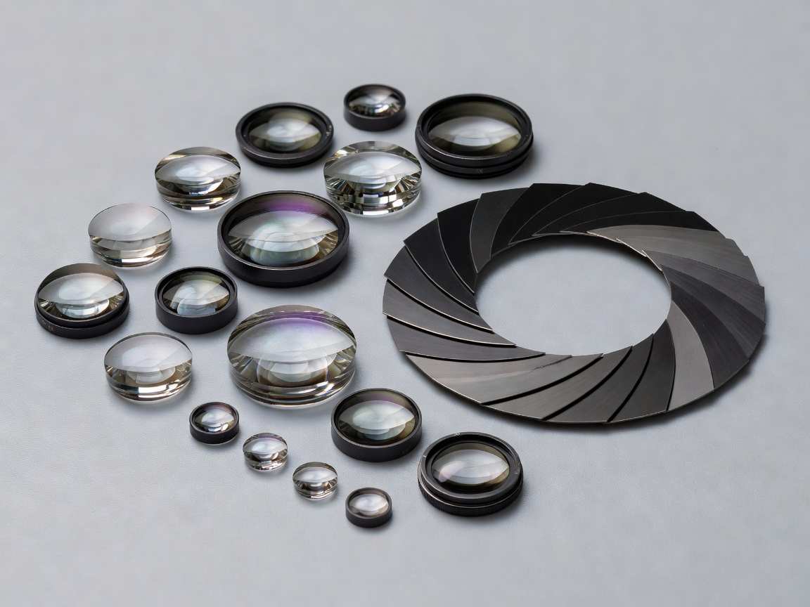 Precision multi-element camera lens elements and aperture blades in clean room