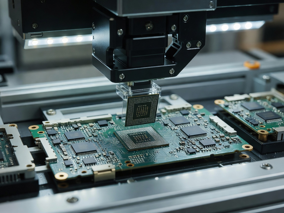 Robotic surface-mount machine placing TSMC packaged processor onto high-density smartphone motherboard