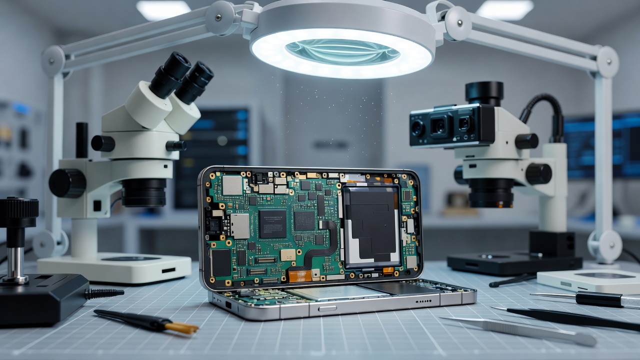 Samsung Galaxy S26 engineering test chassis on laboratory optical inspection bench