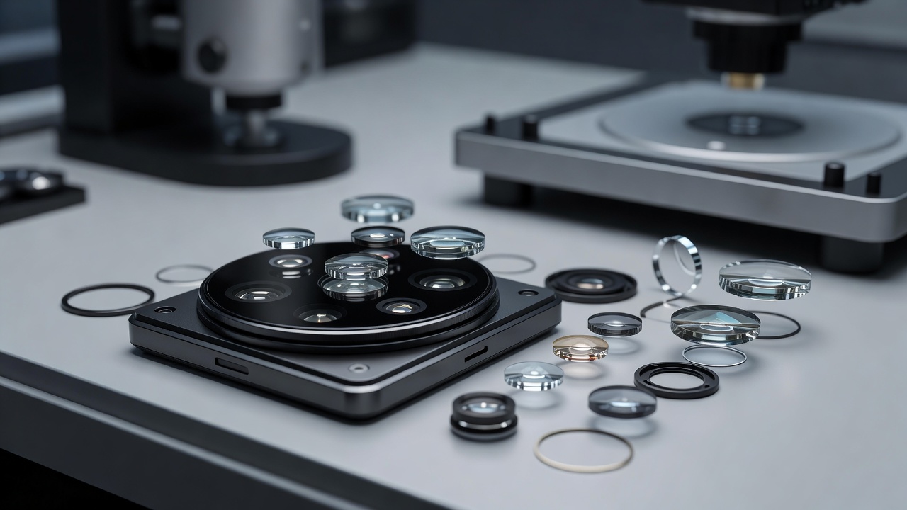 Xiaomi 15 Ultra camera module and high precision multi-element glass optics in optical laboratory